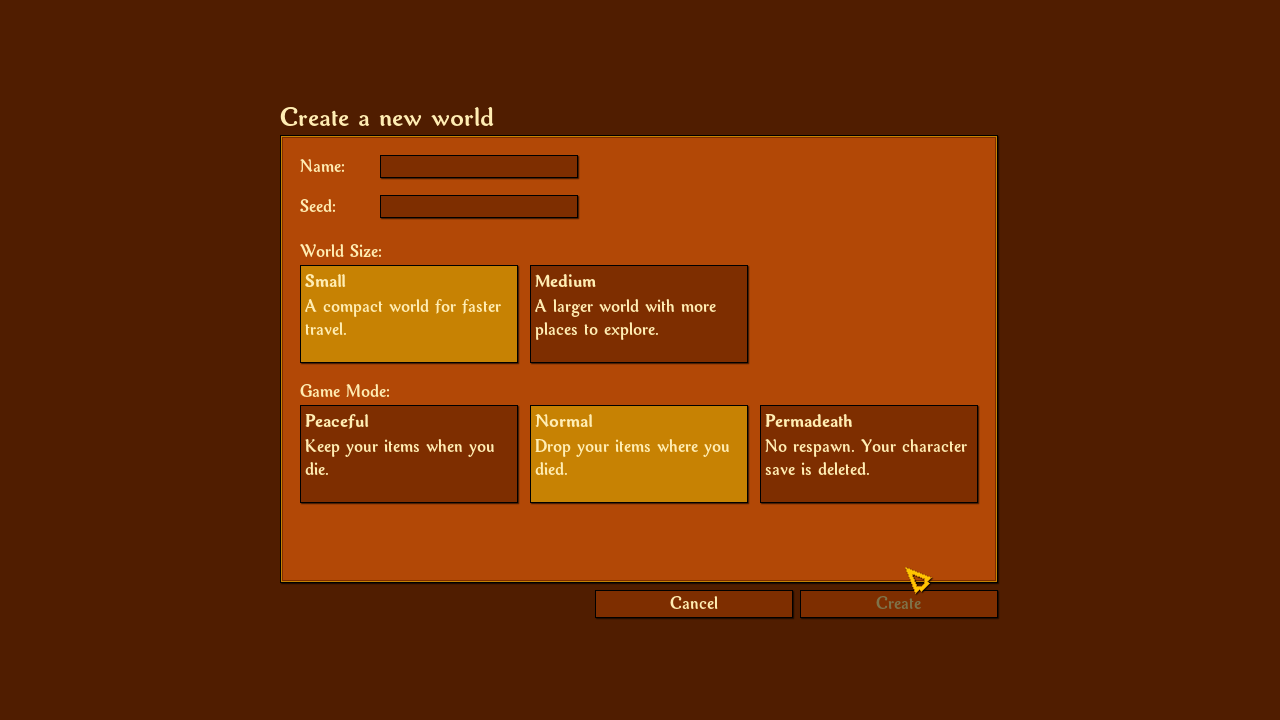 World Creation Screen